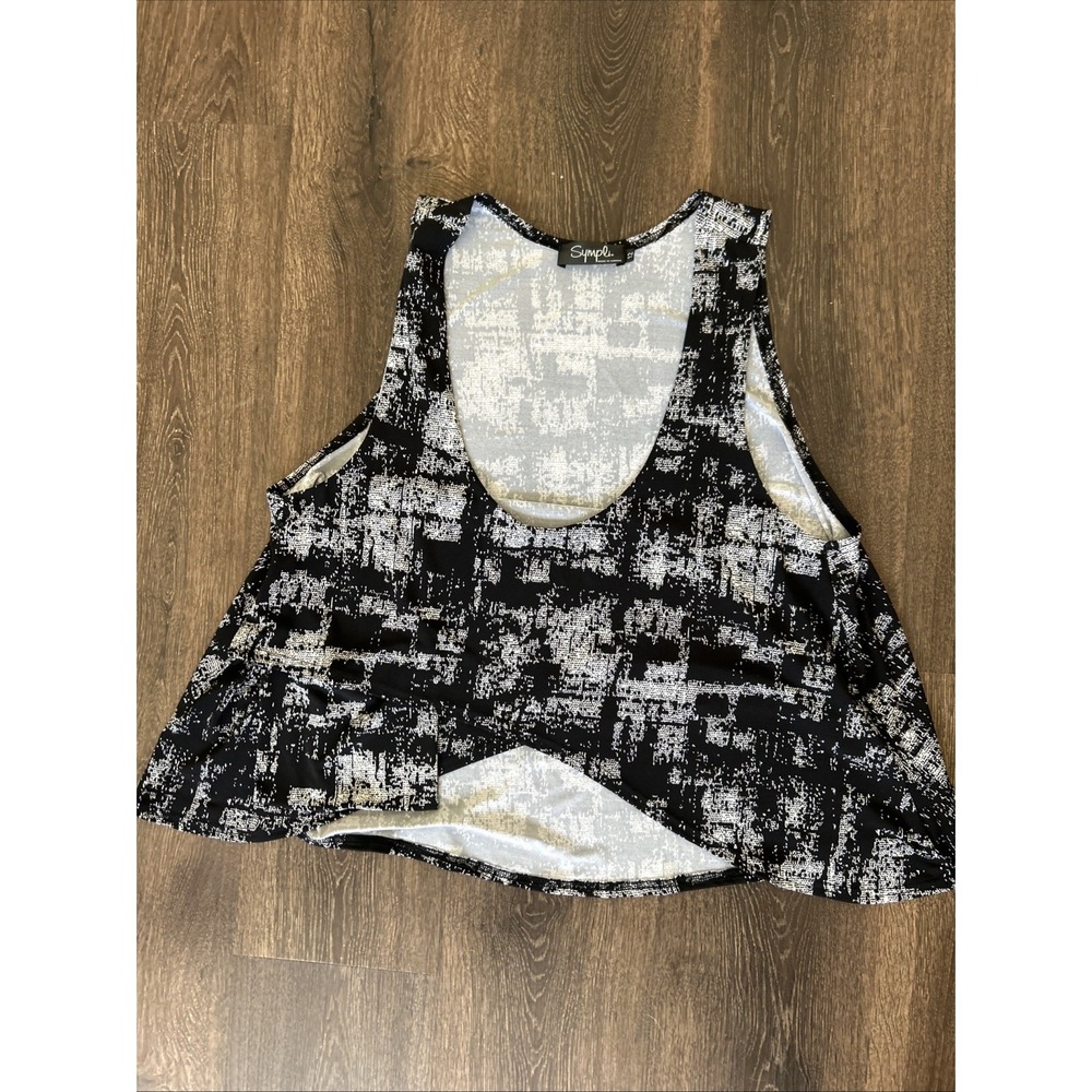 SYMPLI $109 Slinky Stretch Black White Cropped Hi Lo Sleeveless Top Size 12 MINT